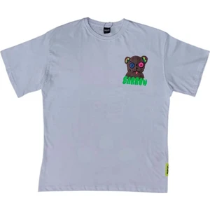 Erkek Yuvarlak Yakalı Ayıcık Baskılı Oversize Kısa Kollu Beyaz Tişört Ety-Brwa