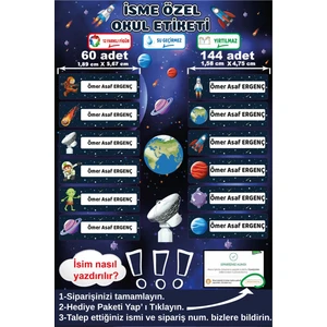 Ayza Tasarım İsme Özel Su Geçirmez Uzay Temalı Okul Etiketi Sticker Kişiye Özel Erkek Çocuk İsim Etiketi Kırtasiye