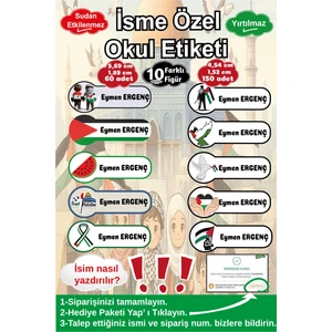 Ayza Tasarım İsme Özel Filistin Temalı Su Geçirmez Okul Etiketi Kişiye Özel Erkek Çocuk İsim Etiketi Kırtasiye