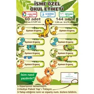 Ayza Tasarım İsme Özel Su Geçirmez Dinozor Okul Etiketi Sticker Kişiye Özel Çocuk Isim Etiketi Kırtasiye Malzeme İsim Etiketi