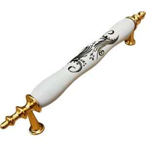 Porselen Kulp Sarmaşık Desenli 128MM(12.8CM) Ayakları Altın Sarısı Mobilya Çekmece Kapak Kulbu
