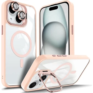 Iphone 15 Kılıf Standlı Mika Magsafe Hassas Butonlu Metal Tuşlu Kapak + Kamera Lens Camı Hediyeli Set