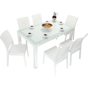 Elit Rattan 90x150 Elit Sandalye Camlı Masa Takımı Beyaz