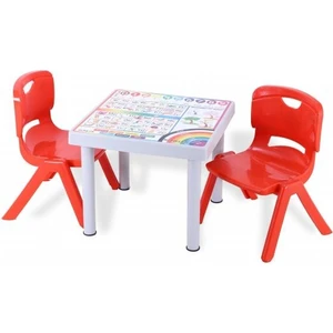 Plastik Mandella Rubi İngilizce Desenli Çocuk Masası 2 Adet Nova Orta Çocuk Koltuk Kırmızı