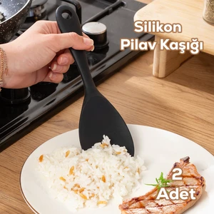 5262 Sert Uçlu Silikon Pilav Kaşığı Dayanıklı Yanmaz Yapışmaz Çizmez Pilav Kepçe Kaşığı Siyah 2 Adet 22CM
