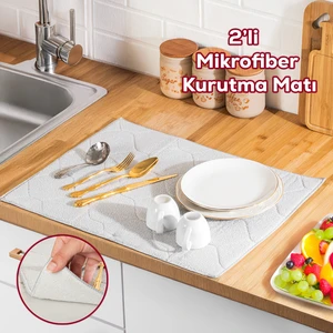 3139 2li Mikrofiber Tezgah Üstü Kurutma Matı Kurulama Bezi Süper Emici Bulaşıklık Gri
