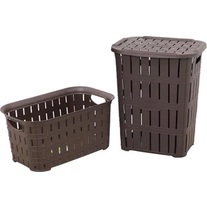 Sağlam Plastik Bambu Görünümlü Kirli Çamaşır Sepeti- Çamaşır sepeti 2'li Set Kahverengi