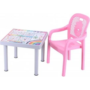 Plastik Mandella Rubi İngilizce Desenli Çocuk Masası 1 Adet Rubi Çocuk Koltuk Pembe
