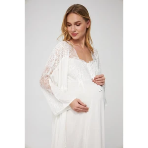 Ekru Özel Gecelik Sabahlık Dantelli Düğmeli Kısa Kollu Esnek Kumaşlı Hamile ve Lohusa Pijama Takımı