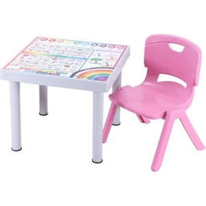 Plastik Mandella Rubi İngilizce Desenli Çocuk Masası 1 Adet Nova Orta Çocuk Koltuk Pembe