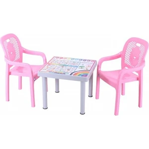 Plastik Mandella Rubi İngilizce Desenli Çocuk Masası 2 Adet Rubi Çocuk Koltuk Pembe