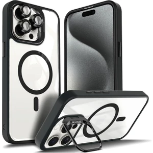 Iphone 15 Pro Max Kılıf Standlı Mika Magsafe Hassas Butonlu Metal Tuşlu + Kamera Lens Camı Hediyeli Set
