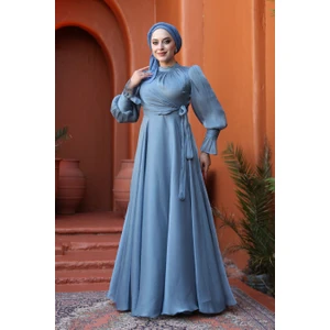 - Bağlama Detaylı Indigo Mavisi Tesettür Abiye Elbise 48051IM