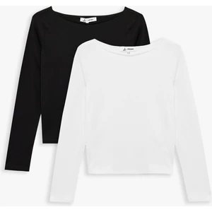 Slim Fit Uzun Kollu Kayık Yaka Pamuklu 2'li Tişört Seti
