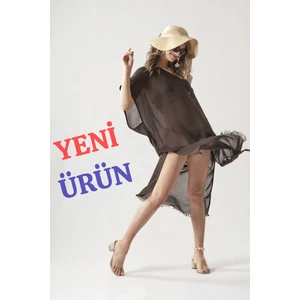 V Yaka Siyah Pamuklu Yazlık Plaj Elbisesi Standart Beden