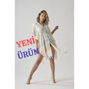 Mavi Düğmeli Pamuklu Yazlık Plaj Elbisesi Standart Beden