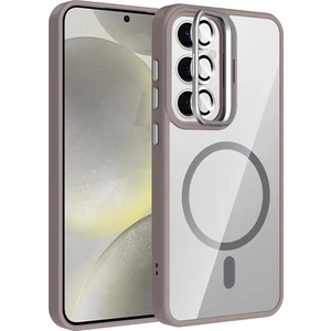 Galaxy S24 Kılıf Standlı ve Kamera Lens Hediyeli M-Safe Şarj Özellikli Nvg Etro Kapak - Gri