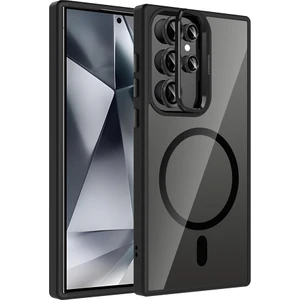Galaxy S24 Ultra Kılıf Standlı ve Kamera Lens Hediyeli M-Safe Şarj Özellikli Otnv Etro Kapak - Siyah