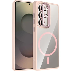 Galaxy S25 Ultra Kılıf Standlı ve Kamera Lens Hediyeli M-Safe Şarj Özellikli Alt Etro Kapak - Pembe