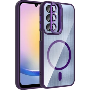 Galaxy A16 Kılıf Standlı ve Kamera Lens Hediyeli M-Safe Şarj Özellikli Alt Etro Kapak - Derin Mor