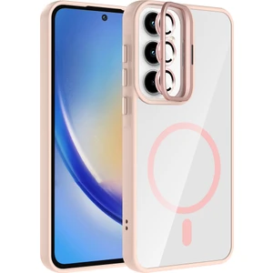 Galaxy A55 Kılıf Standlı ve Kamera Lens Hediyeli M-Safe Şarj Özellikli Nvg Etro Kapak - Pembe