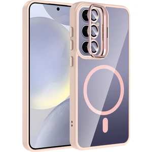 Galaxy S24 Plus Kılıf Standlı ve Kamera Lens Hediyeli M-Safe Şarj Özellikli Otnv Etro Kapak - Pembe