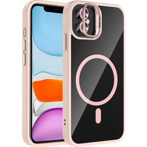 iPhone 11 Kılıf Standlı ve Kamera Lens Hediyeli M-Safe Şarj Özellikli Otnv Etro Kapak - Pembe