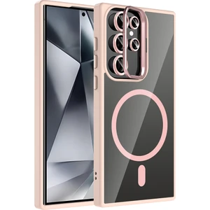 Galaxy S24 Ultra Kılıf Standlı ve Kamera Lens Hediyeli M-Safe Şarj Özellikli Otnv Etro Kapak - Pembe