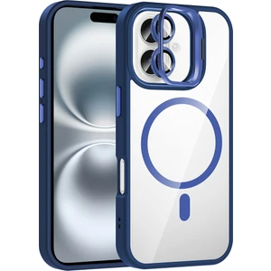 iPhone 16 Kılıf Standlı ve Kamera Lens Hediyeli M-Safe Şarj Özellikli Mkst Etro Kapak - Lacivert