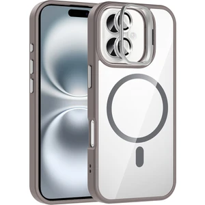 iPhone 16 Plus Kılıf Standlı ve Kamera Lens Hediyeli M-Safe Şarj Özellikli Mkst Etro Kapak - Gri