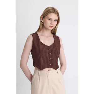 Kahve Çizgili V Yaka Pens Detaylı Düğmeli Crop Yelek 4288A