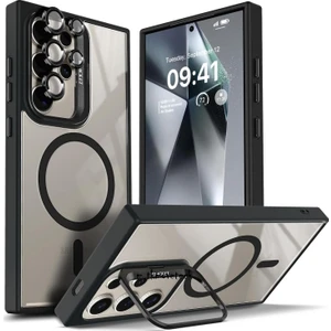 Samsung Galaxy S25 Ultra Kılıf Standlı Mika Magsafe Hassas Butonlu Metal Tuşlu + Kamera Lens Camı Hediyeli Set