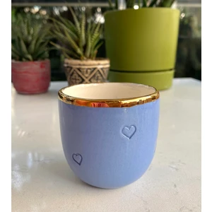 El Yapımı Seramik Gerçek 24K Altın Dekorlu Mavi Kalpli Espresso Bardağı