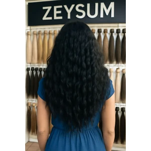 Siyah Su Dalgalı Çıtçıtlı Yarımay Saç Postiş 60 cm 135 gr 2 Yan Postiş Isıya Dayanıklı