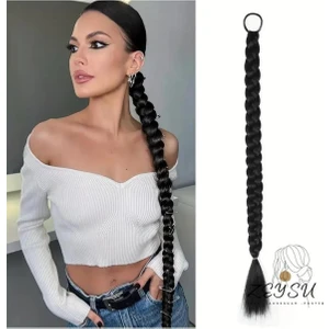 Siyah Renk At Kuyruğu Takma Lastik Tokalı Örgülü Saç (65 Cm)