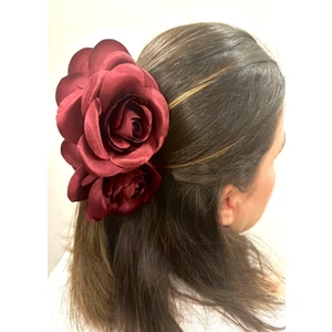 Kadın Bordo Renk Gül Figürlü Mandal Toka, Saç Tokası
