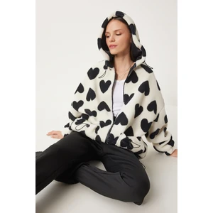 Kapüşonlu Kalpli Peluş Mont LRI0005 EKRU SİYAH