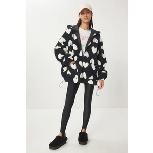 Kapüşonlu Kalpli Peluş Mont LRI0005 SİYAH BEYAZ