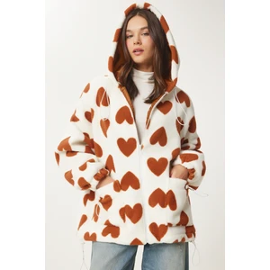 Kapüşonlu Kalpli Peluş Mont LRI0005 BİSKÜVİ EKRU