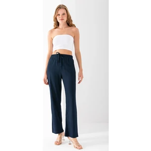Kadın Beli Ayarlanabilir Bol Paça Bürümcük Pantolon Lacivert - 925079