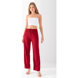 Kadın Beli Ayarlanabilir Bol Paça Bürümcük Pantolon Bordo - 925079