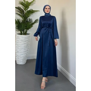 Dimitra Balon Kol Saten Elbise Indigo