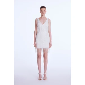 V Yaka Mini Elbise Beyaz 12443318000