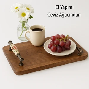 Ceviz Ağacından El Yapımı Ahşap Sunum Tepsisi – 24X41 cm | Metal Kulplu Rustik Servis Tepsisi