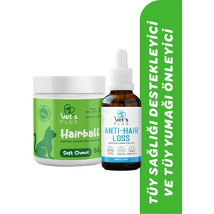 Vet's Plus Tüy Dökülmesi ve Tüy Yumağı Önleyici Paket (Kediler İçin Anti-Hairloss Damla ve Hairball Tablet)