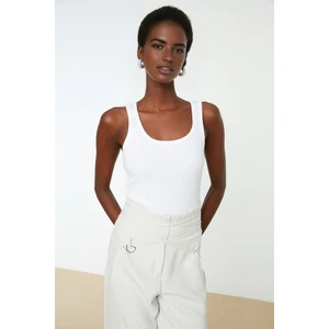 Beyaz Fitted Havuz Yaka Fitilli Esnek Örme Atlet