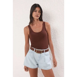 Kahverengi Fitted Havuz Yaka Fitilli Esnek Örme Atlet