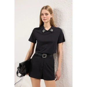 Siyah Polo Yaka Taş Detaylı Regular Kalıp Örme T-Shirt