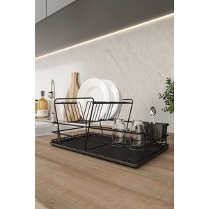 Iki Katlı Bulaşıklık Seti - Mat Siyah Tabaklık + Siyah Tepsi