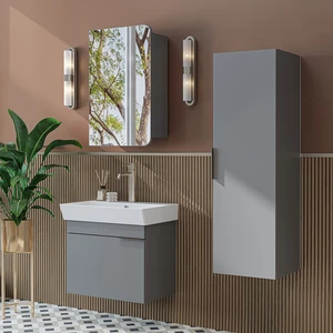 Likya Mdflam Kapaklı Lavabolu 60 cm Banyo Alt Dolabı + Banyo Üst Dolabı + Banyo Boy Dolabı
